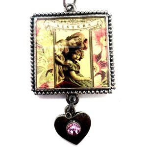 SISTER Pearl necklace Type Pendant Jewelry with Heart Charm and Pink Crystal